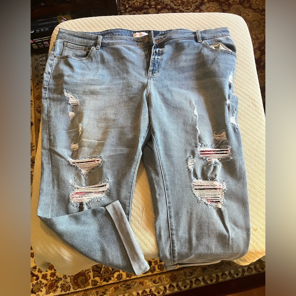 Distressed Boyfriend Jeans with Plaid Patches